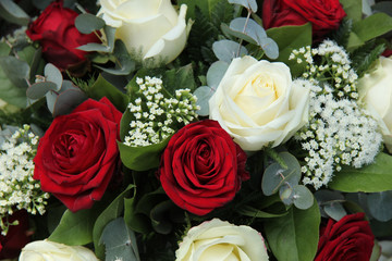 Red and white roses in a bridal bouquet