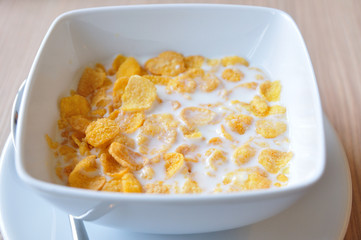 Close up Cereals with fresh milks in bowl.