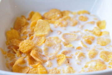 Close up Cereals with fresh milks in bowl.
