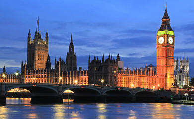 Houses of Parliament and Big Ben at sunset, London, England