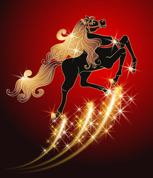 Galloping black horse with golden mane