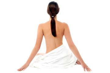 Naked woman with long hair, back pose.