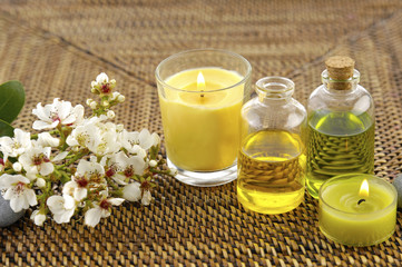 Obraz na płótnie Canvas Branch spring flower, candle, massage oil on mat