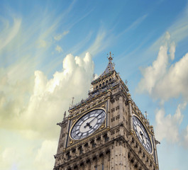 The Big Ben Tower Top in London against dramatic sky