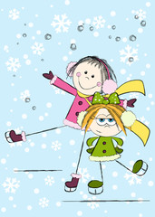 Funny girls on winter background