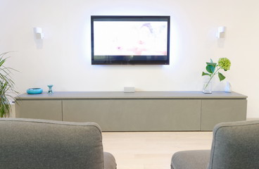 A modern living room with fllat tv and fancy sofa