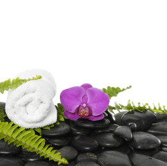 Fototapeta na wymiar towel with green fern and orchid on pebbles