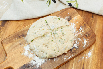 Raw Focaccia Dough. Viewed from above. Copy space