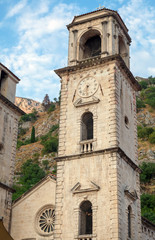 Fototapeta na wymiar Tower with clock. Cathedral of St Tryphon, Kotor, Montenegro