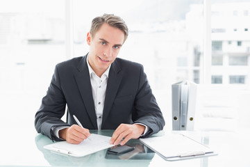 Smiling businessman writing documents at office desk