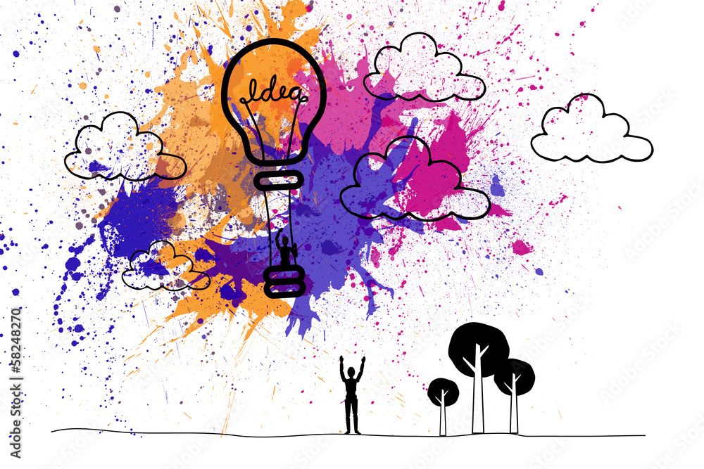 Poster light bulb balloon and figure over splashes