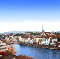 Fototapeta na wymiar View of the embankment and Limmat river in Zurich