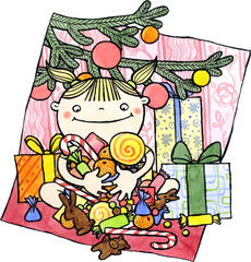 Obraz na płótnie Canvas Happy child with a Christmas presents and goodies
