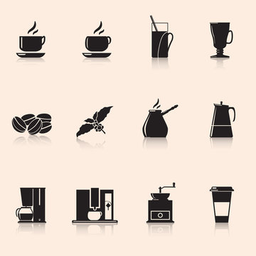 Icons coffee: coffee grinder, mug, coffee grains