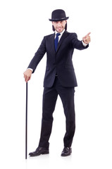 Man dancing with walking stick on white