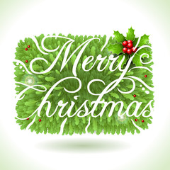 Holly Leaves and Merry Christmas Calligraphic Text