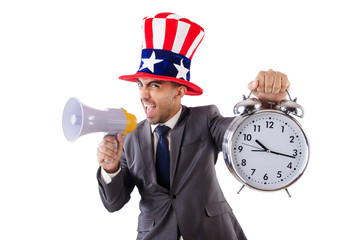 Man with loudspeaker and clock