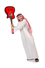 Arab man playing guitar isolated on white
