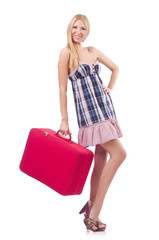 Woman preparing for vacation with suitcase on white