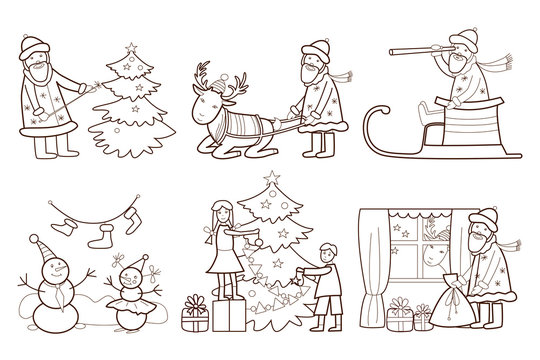 Set of Christmas illustration with Santa Claus and reindeer (col