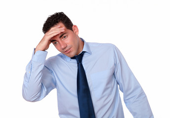 Stress adult man with headache standing