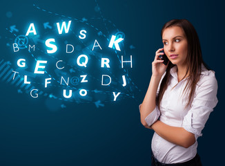 Young lady making phone call with shiny characters