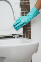 Person cleaning the toilet seat in rubber gloves