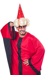 Fototapeta premium Wizard in red costume isolated on white