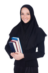 Young muslim student with books on white