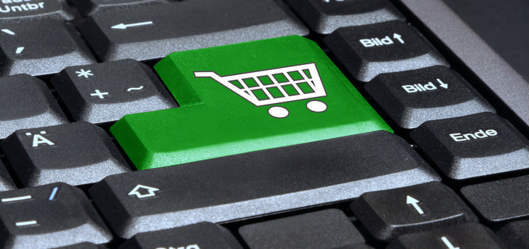eks27 EnterKeySign - english: keyboard with green key shopping cart - German: Gr&uuml;ne Taste auf Tastatur mit Einkaufswagen Symbol - g35