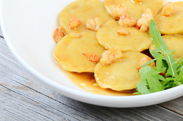 House ravioli the filled fillets dorado with sauce from shrimps