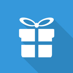 Geschenk Icon mit langem Schatten auf blauem Hintergrund
