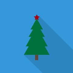 Weihnachtsbaum Icon mit langem Schatten auf blauem Hintergrund