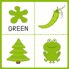 Learning  green color. Frog, green pea and fir tree. Educational
