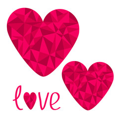 Two pink hearts. Polygonal effect. Love card. Isolated.