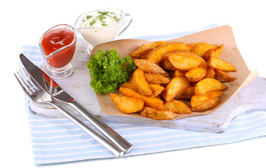 Home potatoes on tracing paper on wooden board isolated on