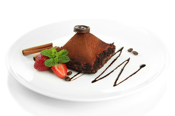 Delicious chocolate cake isolated on white
