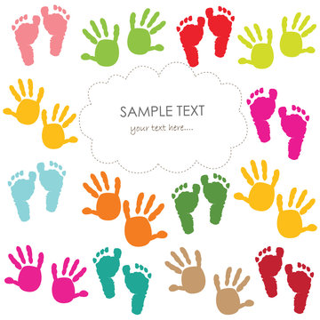 Baby footprint and hands kids greeting card vector