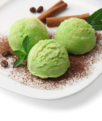 Delicious ice cream on plate close-up