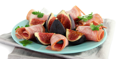Tasty figs with ham, isolated on white
