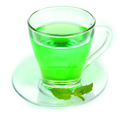 Transparent cup of green tea with mint isolated on white