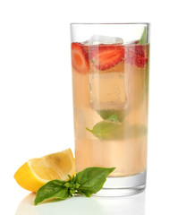 Basil lemonade with strawberry in glass, isolated on white