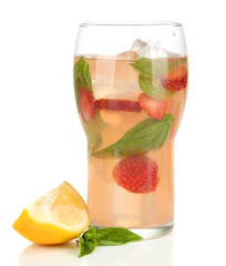 Basil lemonade with strawberry in glass, isolated on white
