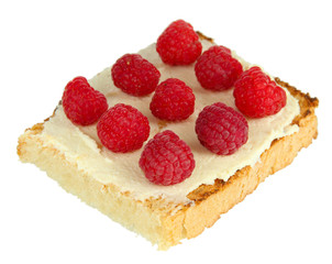 Delicious toast with raspberries isolated on white
