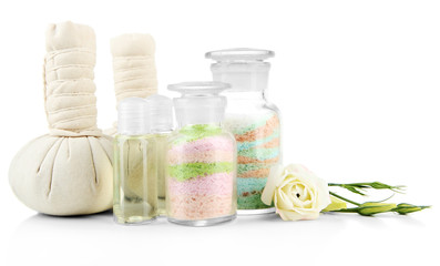 Aromatic salts in glass bottles, isolated on white