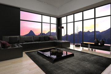 Modern loft living room interior with twilight sky view