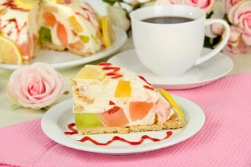 Delicious jelly cake on table close-up
