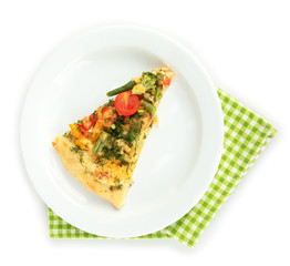 Slice of tasty vegetarian pizza on plate, isolated on white