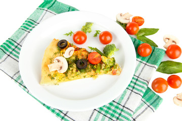 Slice of tasty vegetarian pizza and vegetables