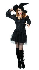 Fototapeta premium Halloween witch with broom isolated on white